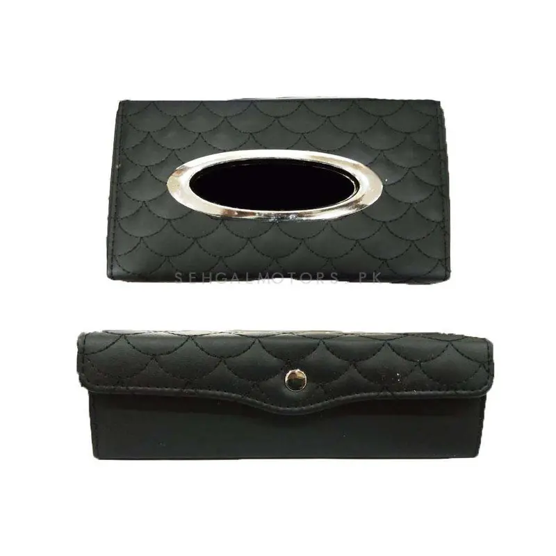Premium Luxury Car Tissue Holder Case Box With Thread Design - Black 2