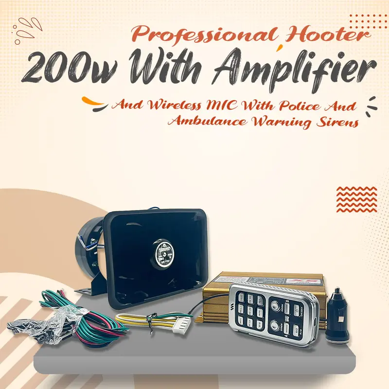 Professional 200W Hooter With Amplifier & Wireless Mic - Police & Ambulance Warning Sirens 1