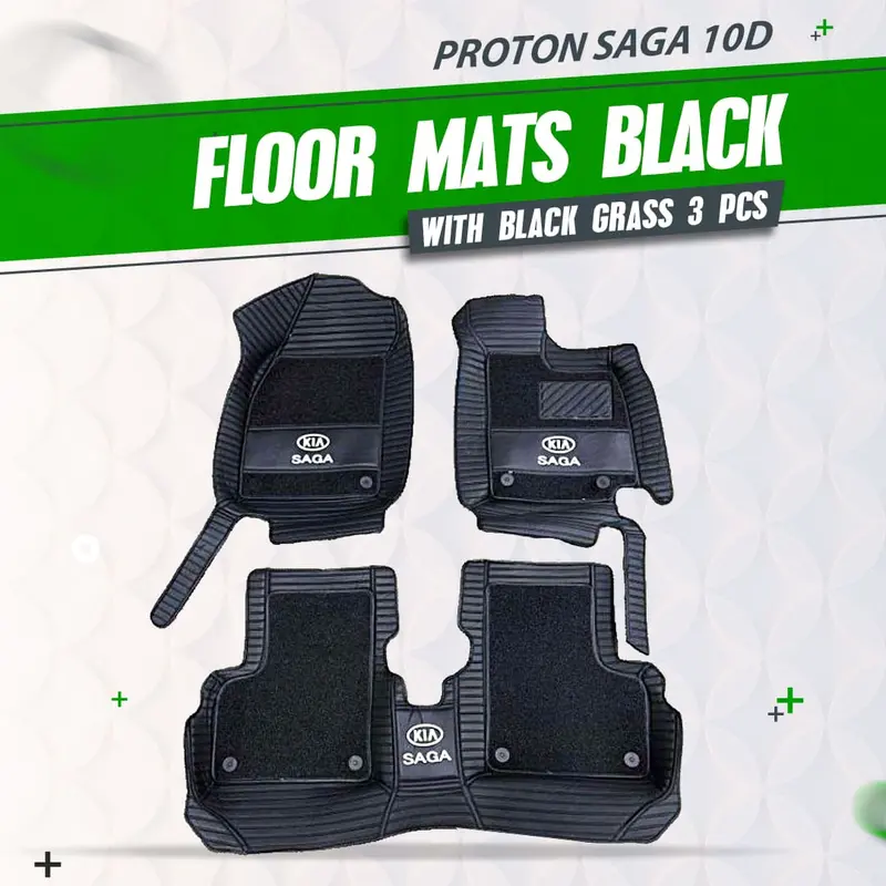 Proton Saga 10D Floor Mats Black With Black Grass 2021 - 2025 - - Mix Thread 3 Pcs 1