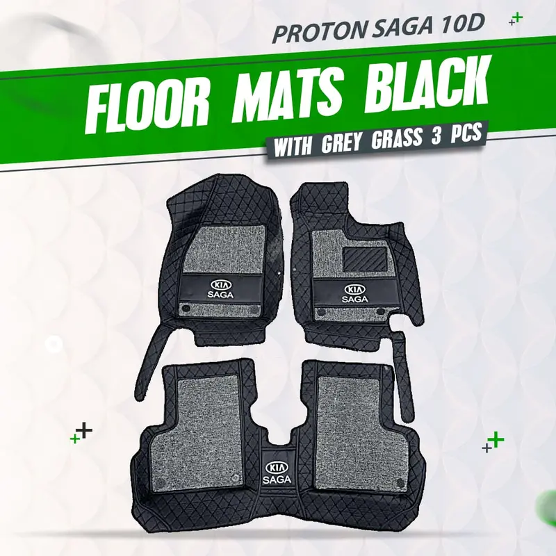 Proton Saga 10D Floor Mats Black With Grey Grass 2021 - 2025 - Mix Thread 3 Pcs 1