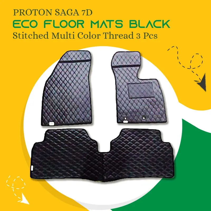 Proton Saga 7D Eco Floor Mats Black 2021 - 2025 - Stitched Multicolor Thread 3 Pcs 1