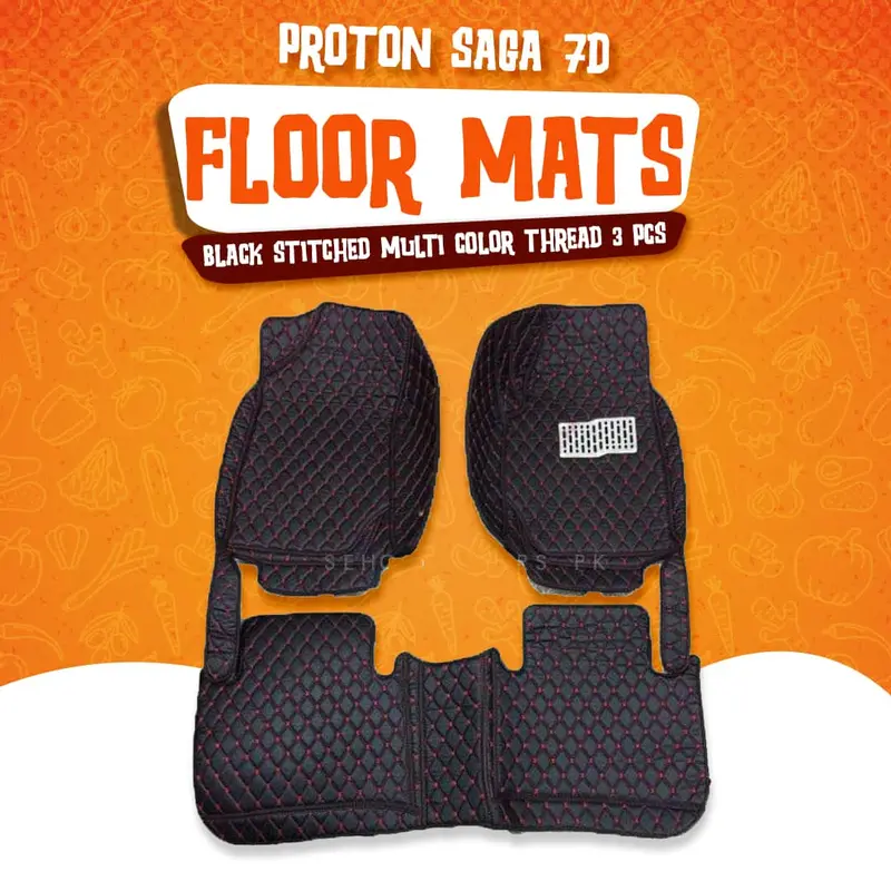 Proton Saga 7D Floor Mats Black 2021 - 2025 - Black Stitched Multicolor Thread | 3 Pcs 1