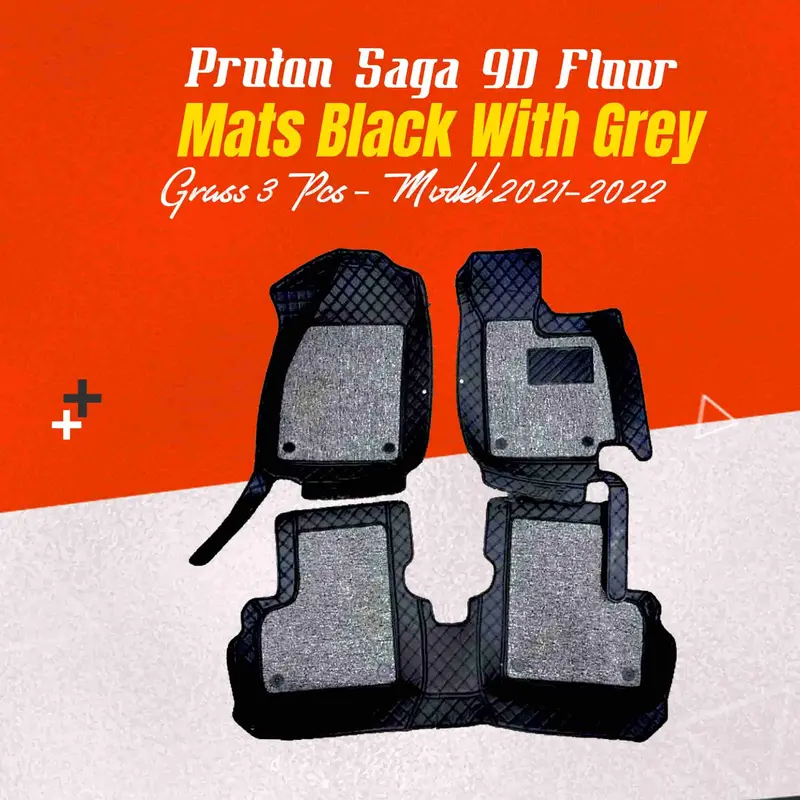 Proton Saga 9D Floor Mats Mix Thread  Grass 3 Pcs 2021 - 2025 - Black With Grey 1