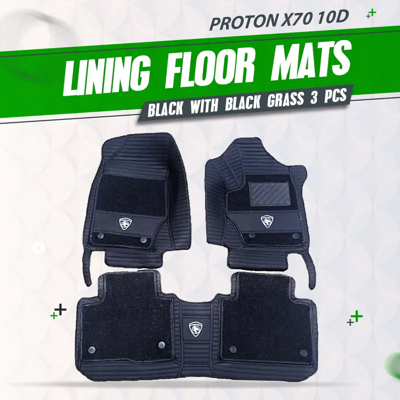 Proton X70 10D Lining Floor Mats - Mix Thread- 3 Pcs 2021 - 2025 - - Black With Black Grass 1