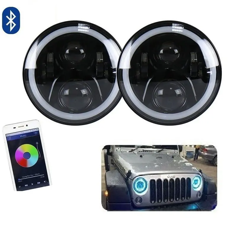 Rgb Jeep Led Headlights / Head Lamps Round Shape 7 Inches - Pair - With Bluetooth - Mobile App Operated Disco Light 2