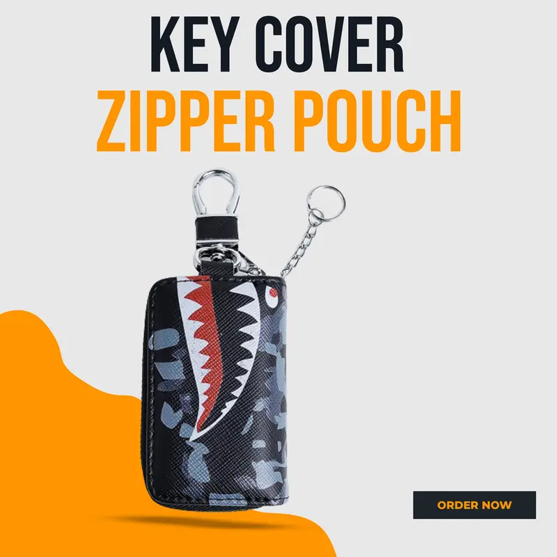 Shark Style Zipper Matte Leather Key Cover Pouch Black With Keychain - Ring 1