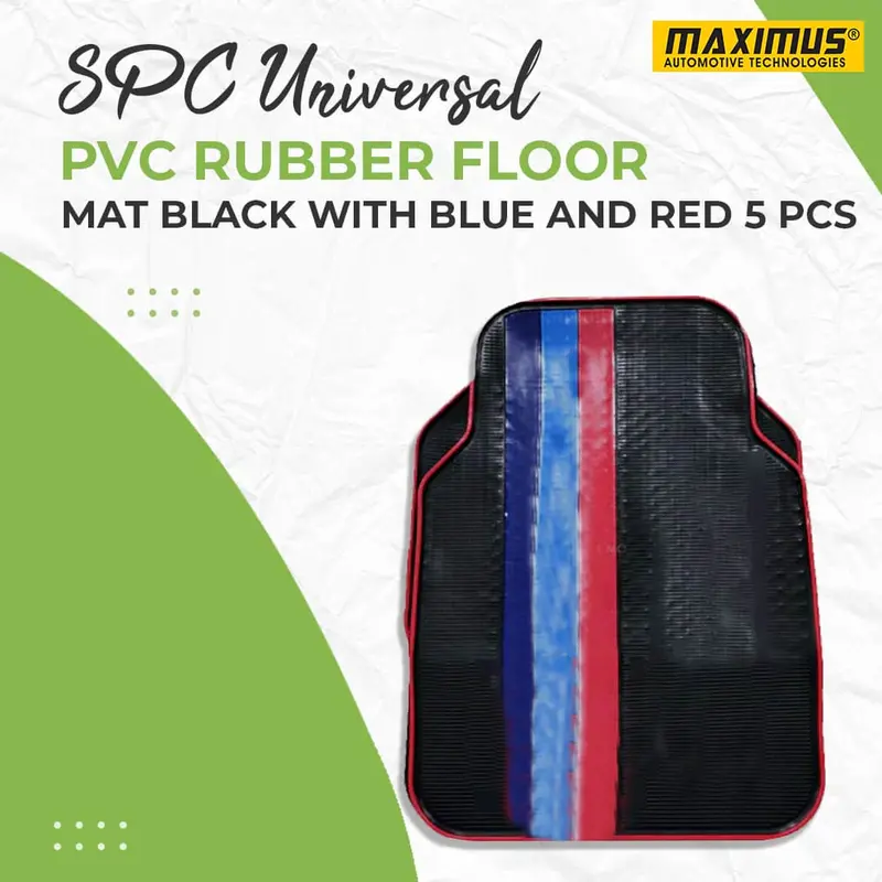 Spc Universal Pvc Rubber Floor Mat Black With Blue And Red Mix Design - 5 Pcs - Foot Mat For Car 1