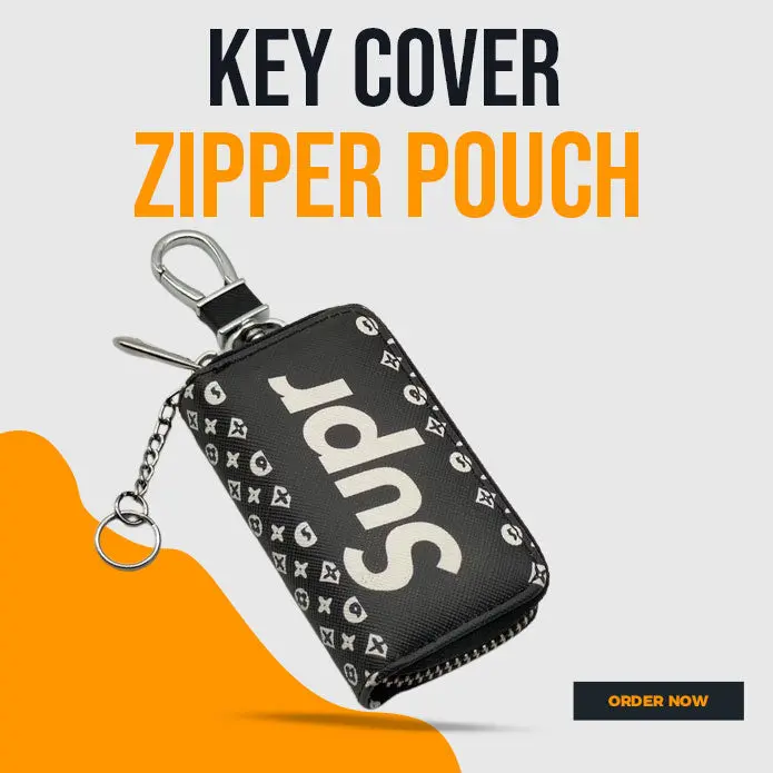 Supreme Zipper Matte Leather Key Cover Pouch Black With Keychain Ring 1