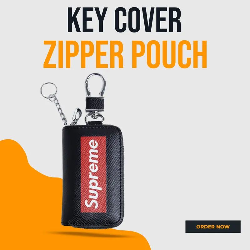 Supreme Zipper Matte Leather Key Cover Pouch Black With Keychain Ring 1