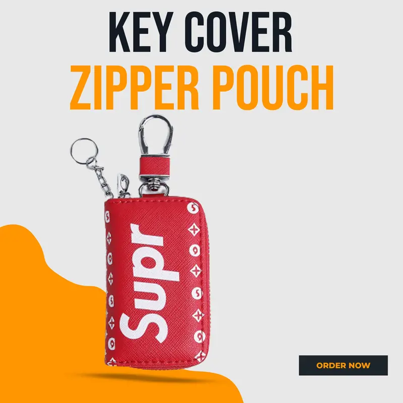 Supreme Zipper Matte Leather Key Cover Pouch Red With Keychain Ring 1