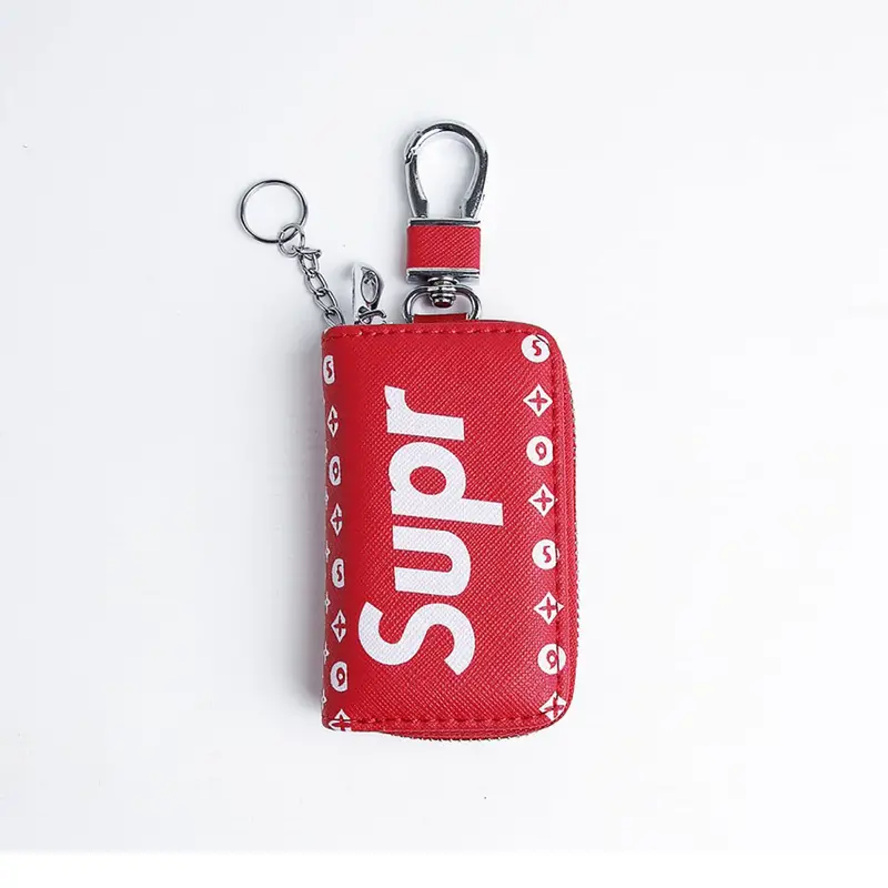 Supreme Zipper Matte Leather Key Cover Pouch Red With Keychain Ring 2