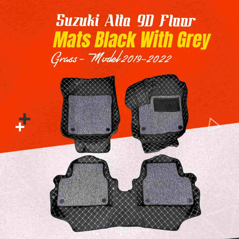 Suzuki Alto 9D Floor Mats Mix Thread 3Pcs 2019 - 2025 - Black With Grey Grass 1