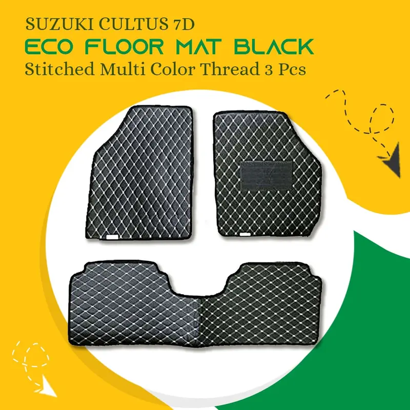 Suzuki Cultus 7D Eco Floor Mats Black 2017 - 2025 - Stitched Multicolor Thread 3 Pcs 1
