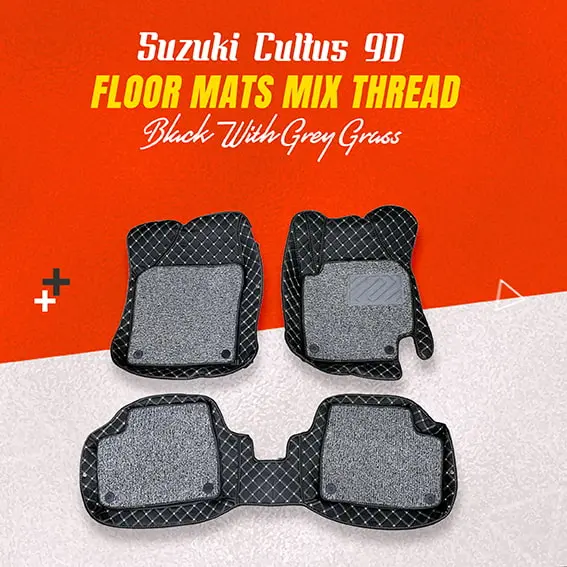Suzuki Cultus 9D Floor Mats Mix Thread 2017 - 2025 - Black With Grey Grass 1