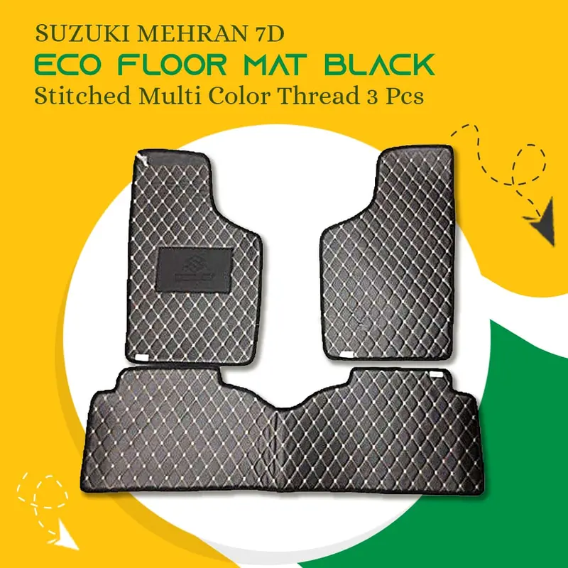 Suzuki Mehran 7D Eco Floor Mats Black 2012 - 2019 - Stitched Multicolor Thread 3 Pcs 1