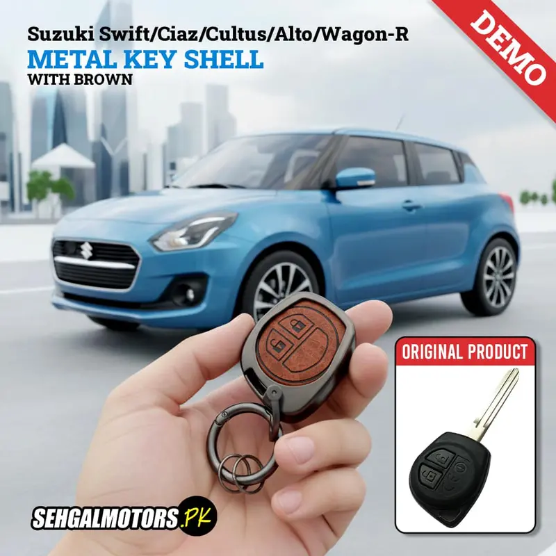 Suzuki Swift/Ciaz/Cultus/Alto/Wagon-R Metal Key Shell Case Cover Brown - Leather Cover 1