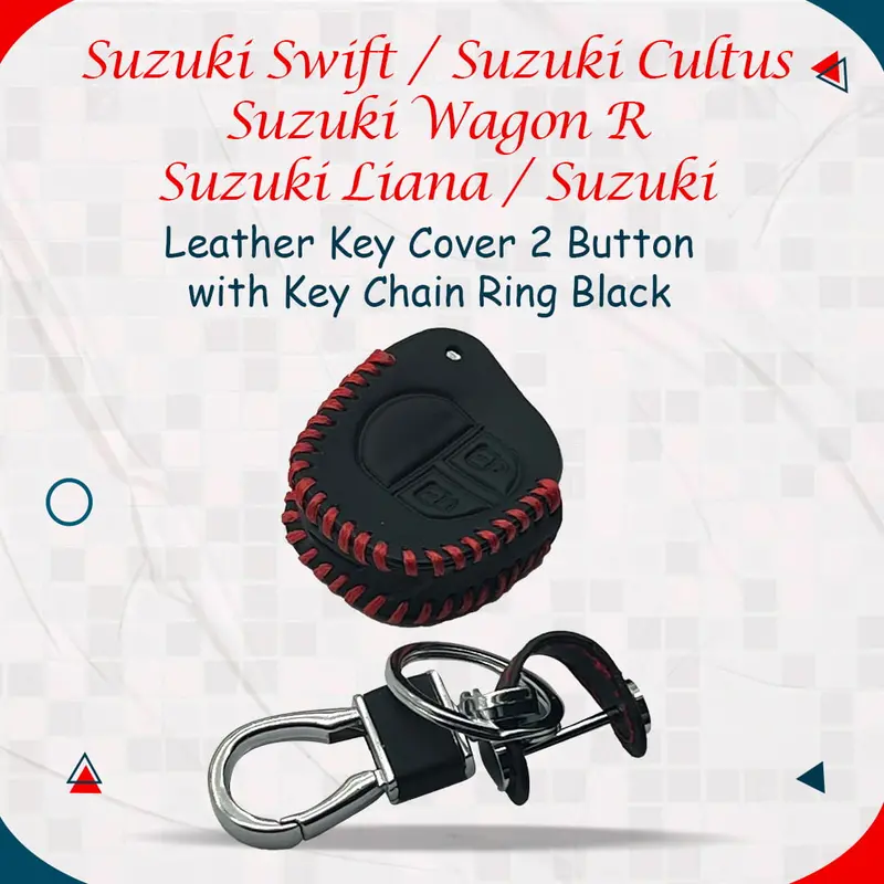 Suzuki Swift / Cultus /Wagon R / Liana / Leather Key Cover 2 Button - With Key Chain Ring Black 1