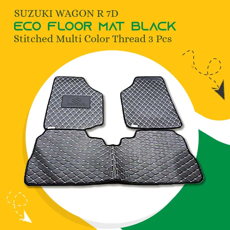 Suzuki Wagon R 7D Eco Floor Mats Black 2014 - 2024 - Stitched Multicolor Thread 3 Pcs 1