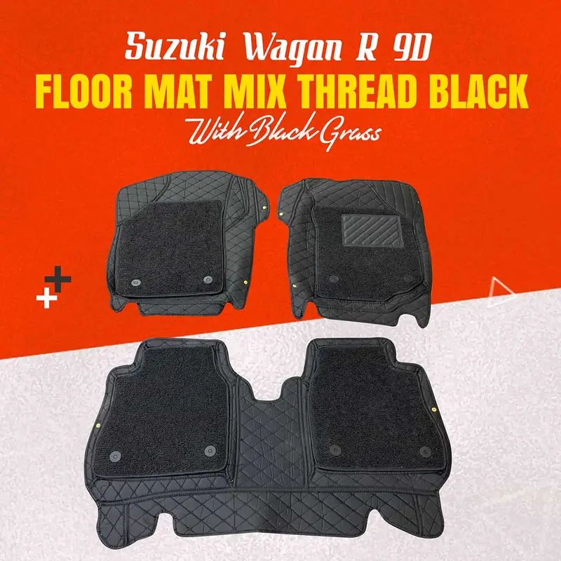 Suzuki Wagon R 9D Floor Mats  Black With Black Grass 2014 - 2024 - Mix Thread 1