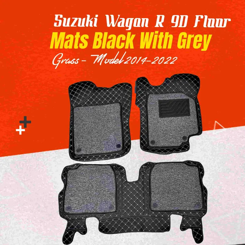 Suzuki Wagon R 9D Floor Mats Mix Thread 2014 - 2024 - Black With Grey Grass 1