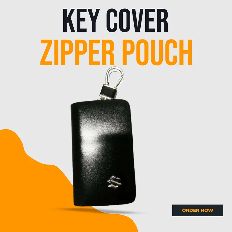 Suzuki Zipper Glossy Leather Key Cover Pouch Black With Keychain Ring 1