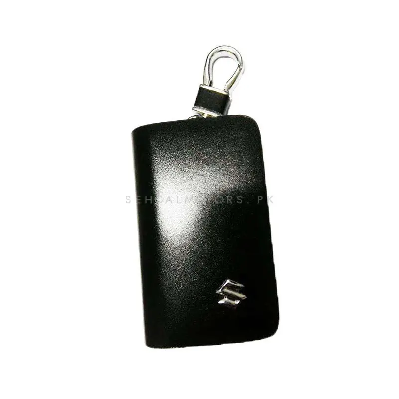 Suzuki Zipper Glossy Leather Key Cover Pouch Black With Keychain Ring 2