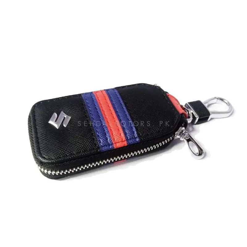 Suzuki Zipper Jeans Key Cover Pouch Black With Red Blue Strip Keychain - Ring 2