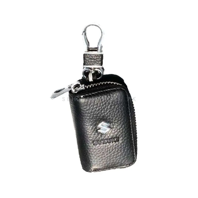 Suzuki Zipper Matte Leather Key Cover Pouch Black With Keychain Ring 2