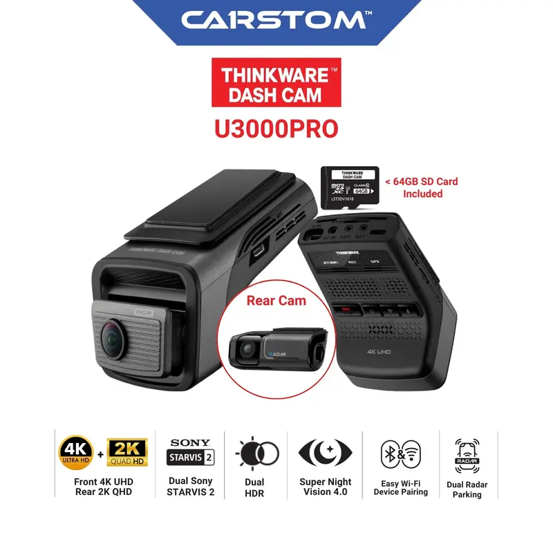Thinkware U3000pro 2-Ch 4K Uhd Front/Back 2K Qhd Car Dash Cam With 64Gb Sd, Parking Mode, Wifi, Night Vision 2
