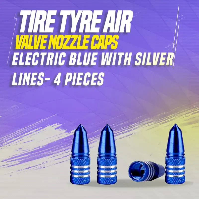 Tire Tyre Air Valve Nozzle Caps Electric Blue With Silver Lines- 4 Pcs 1