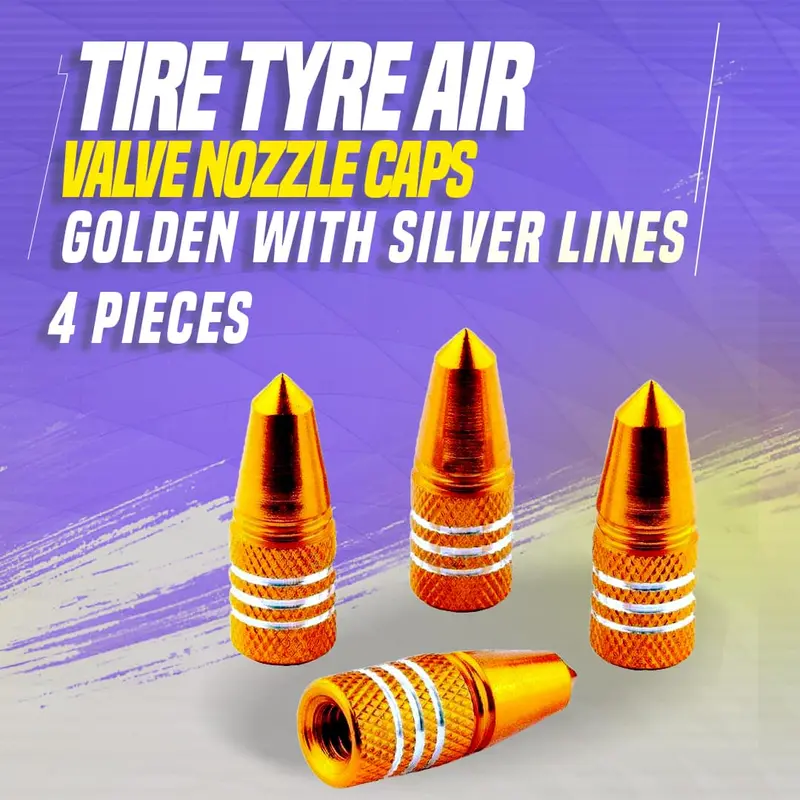 Tire Tyre Air Valve Nozzle Caps Golden With Silver Lines- 4 Pieces 1