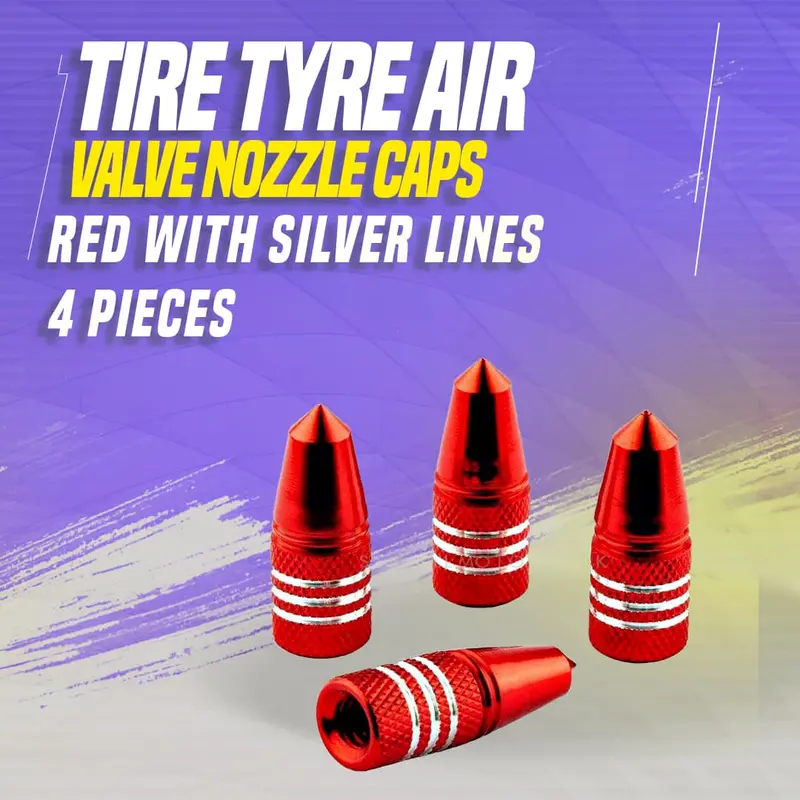 Tire Tyre Air Valve Nozzle Caps Red With Silver Lines- 4 Pieces 1