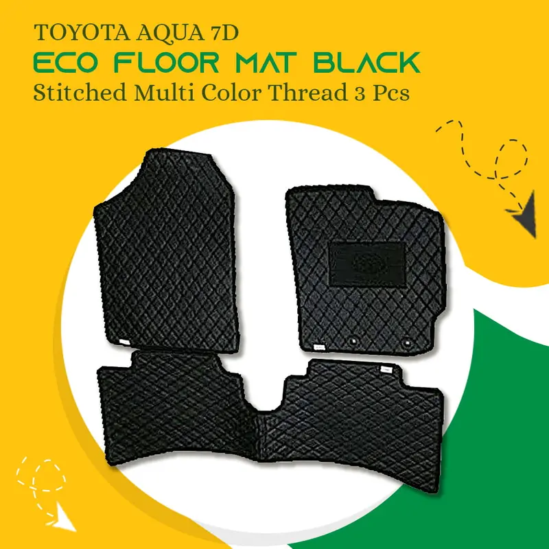 Toyota Aqua 7D Eco Floor Mats Black 2012 - 2021 - Stitched Multicolor Thread 3 Pcs 1