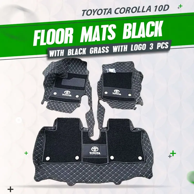 Toyota Corolla 10D Floor Mats Black With Black Grass 3Pcs 2014 - 2025 - Mix Thread With Logo 1