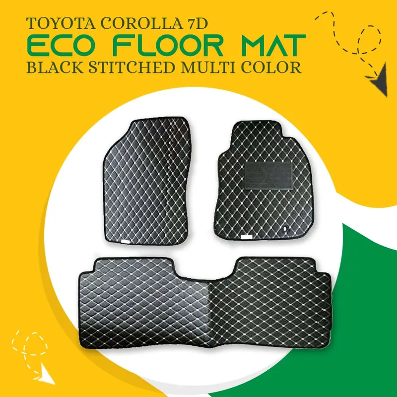 Toyota Corolla 7D Eco Floor Mats Black 2014 - 2021 - Stitched Multicolor Thread 3 Pcs 1