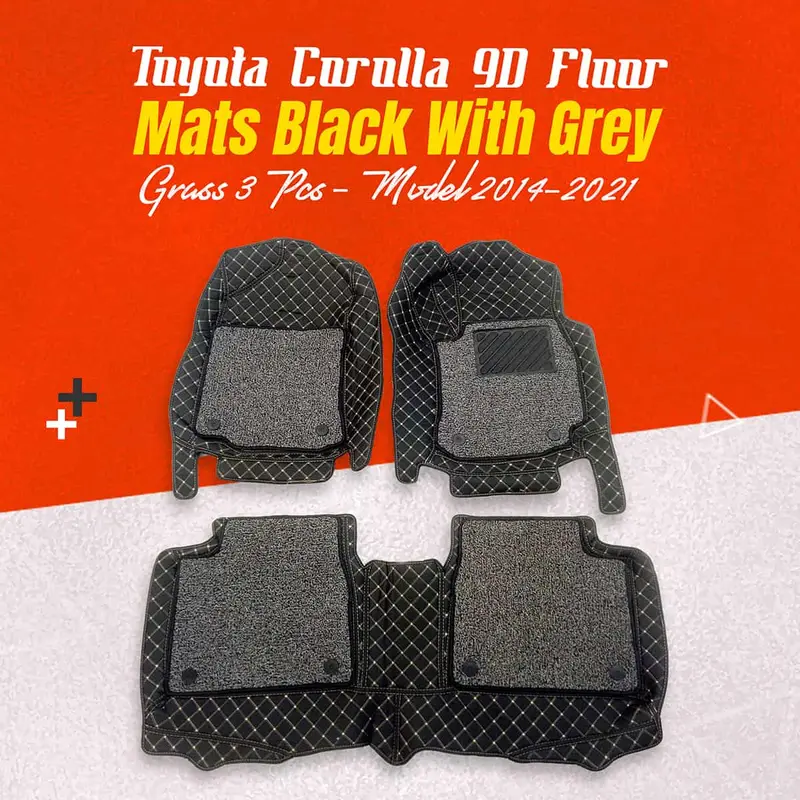 Toyota Corolla 9D Floor Mats Mix Thread Grass 3 Pcs 2014 - 2021 - Black With Grey 1