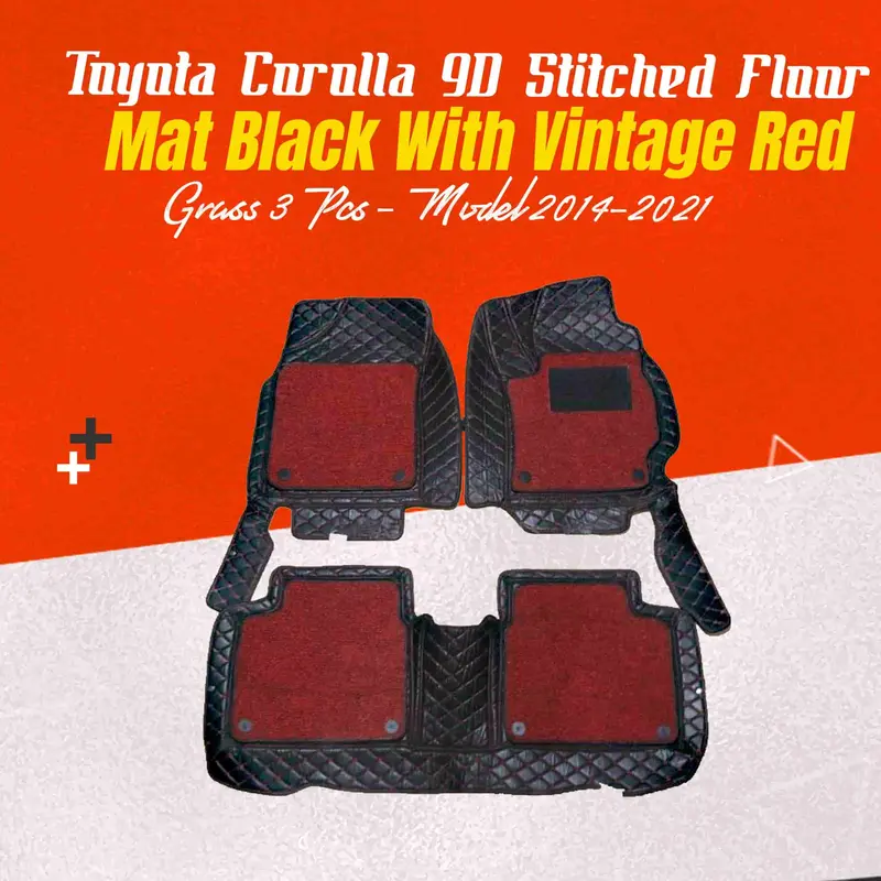 Toyota Corolla 9D Stitched Floor Mat Mix Thread Grass 3 Pcs 2014 - 2021 - Black With Vintage Red 1