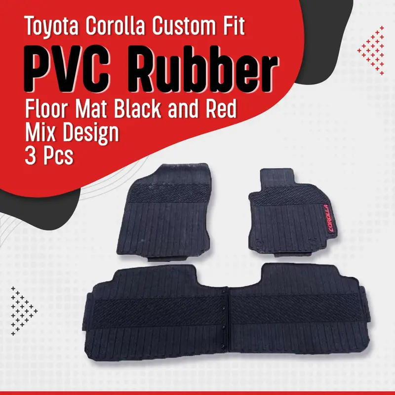 Toyota Corolla Custom Fit Pvc Rubber Floor Mat Black And Red 3 Pcs 2014 - 2021 - Mix Design 1