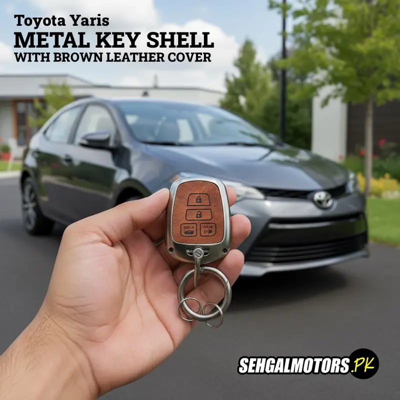Toyota Corolla Metal Key Shell Case Cover With Brown Leather 2014 - 2017 1