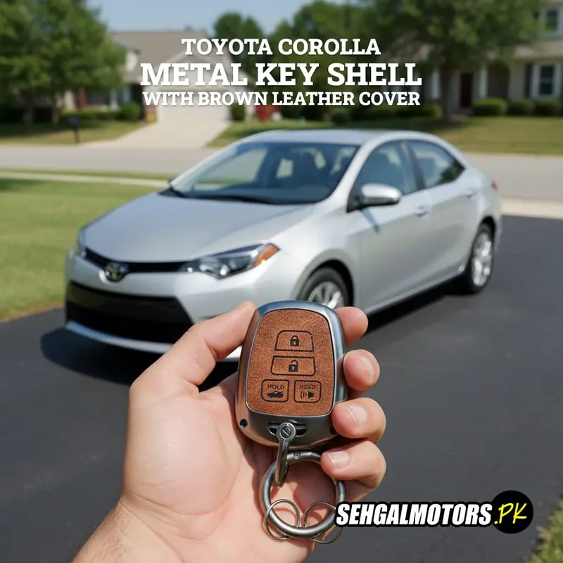 Toyota Corolla Metal Key Shell Case Cover With Brown Leather 2014 - 2017 2