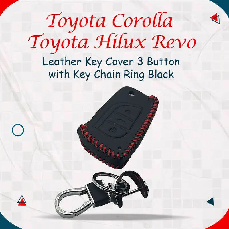 Toyota Corolla / Toyota Hilux Revo/Rocco Leather Key Cover 3 Button With Key Chain Ring Black 1