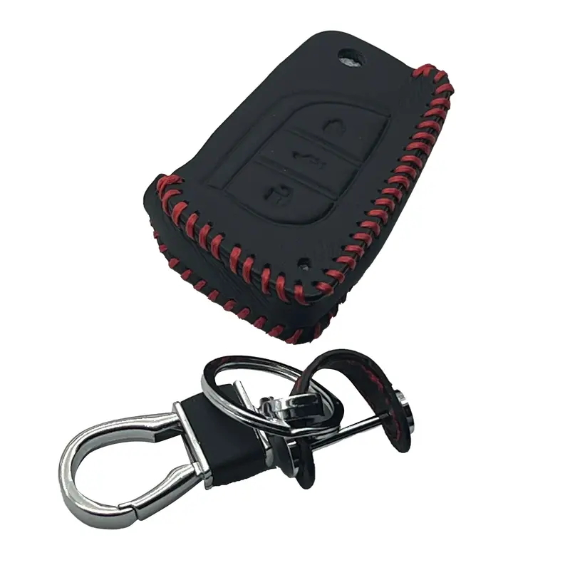 Toyota Corolla / Toyota Hilux Revo/Rocco Leather Key Cover 3 Button With Key Chain Ring Black 2