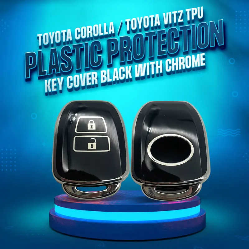 Toyota Corolla / Toyota Vitz Tpu Plastic Protection Key Cover Black With Chrome 2 Buttons 1