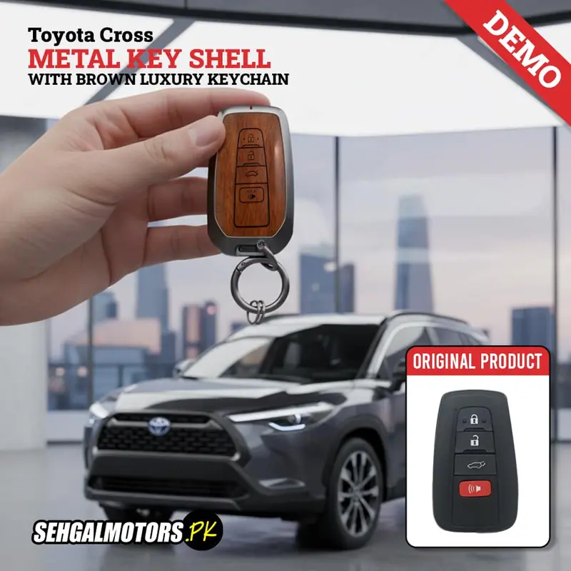 Toyota Cross Metal Key Shell Case Cover - With Brown Luxury Keychain 1