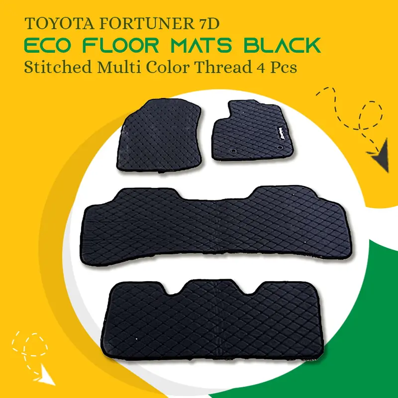 Toyota Fortuner 7D Eco Floor Mats Black 2016 - 2021 - Stitched Multicolor Thread 4 Pcs 1
