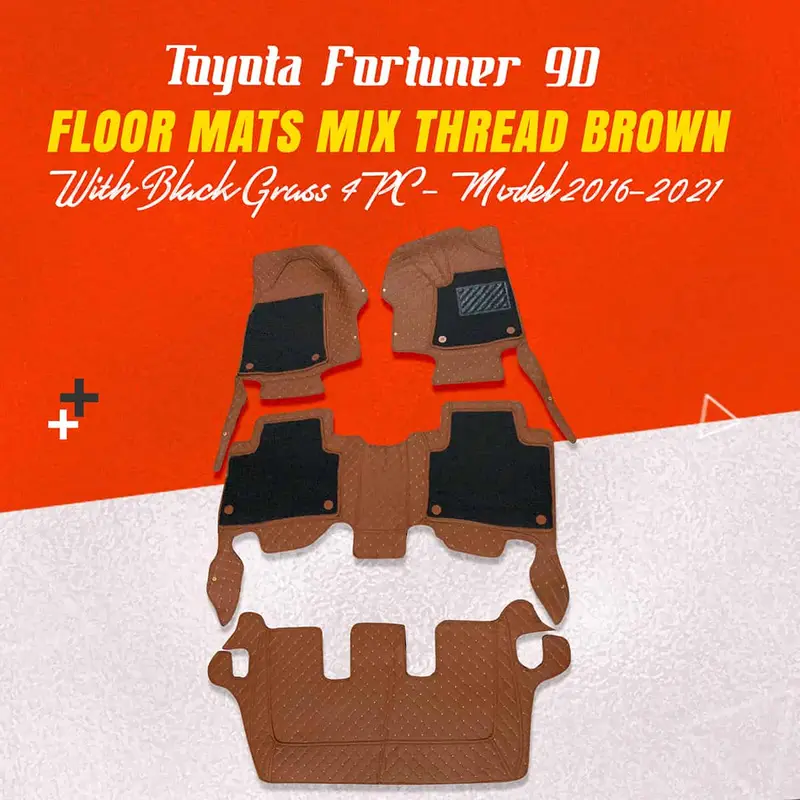 Toyota Fortuner 9D Floor Mats Mix Thread 4Pc 2016 - 2021 - Brown With Black Grass 1