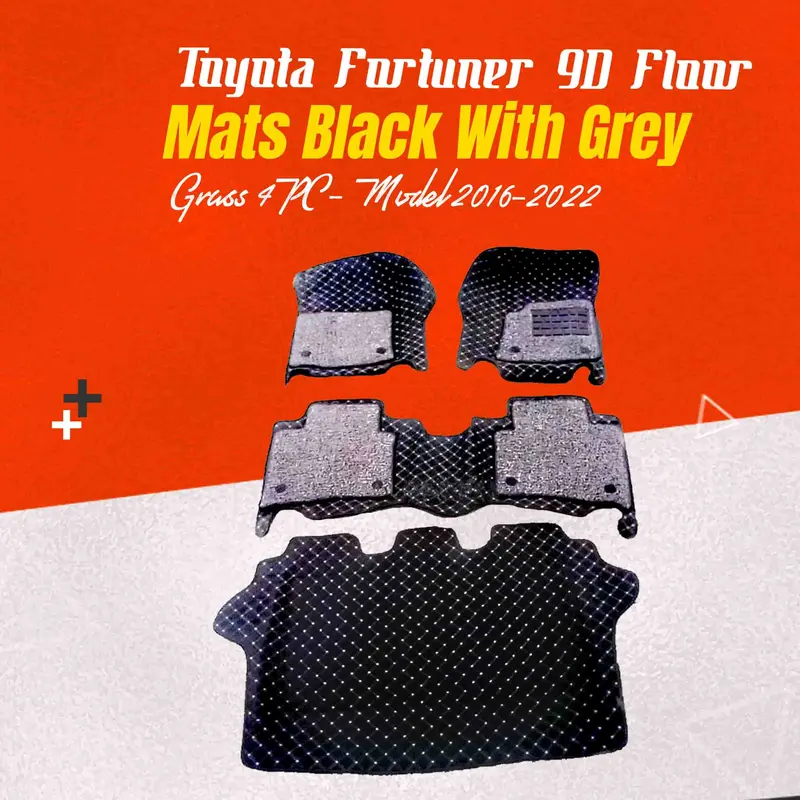 Toyota Fortuner 9D Floor Mats Mix Thread Grass 4Pc 2016 - 2022 - Black With Grey 1