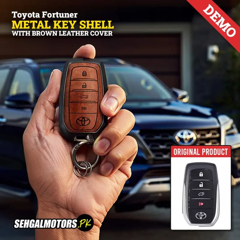 Toyota Fortuner Metal Key Shell Case Cover With Brown Leather - Replacement Casing 1