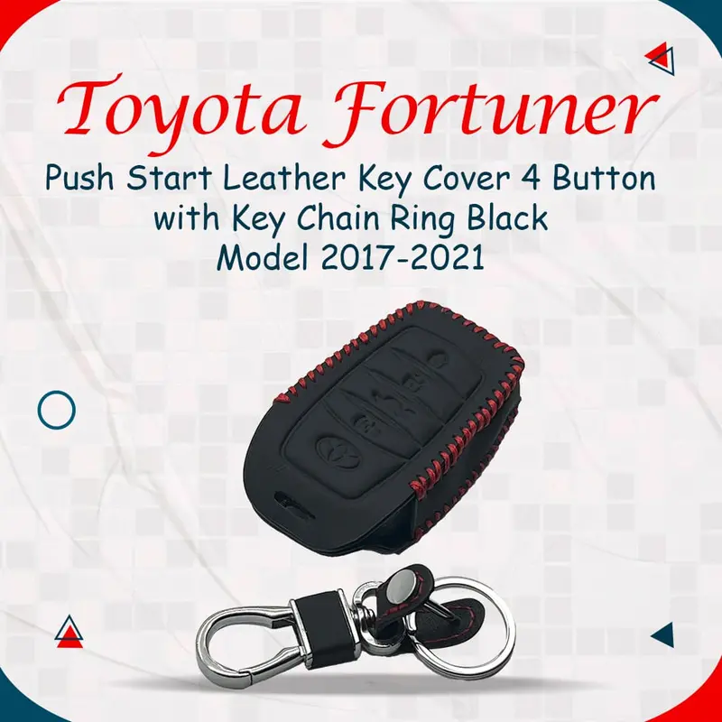 Toyota Fortuner Push Start Leather Key Cover 4 Button 2017 - 2021 - With Key Chain Ring Black 1