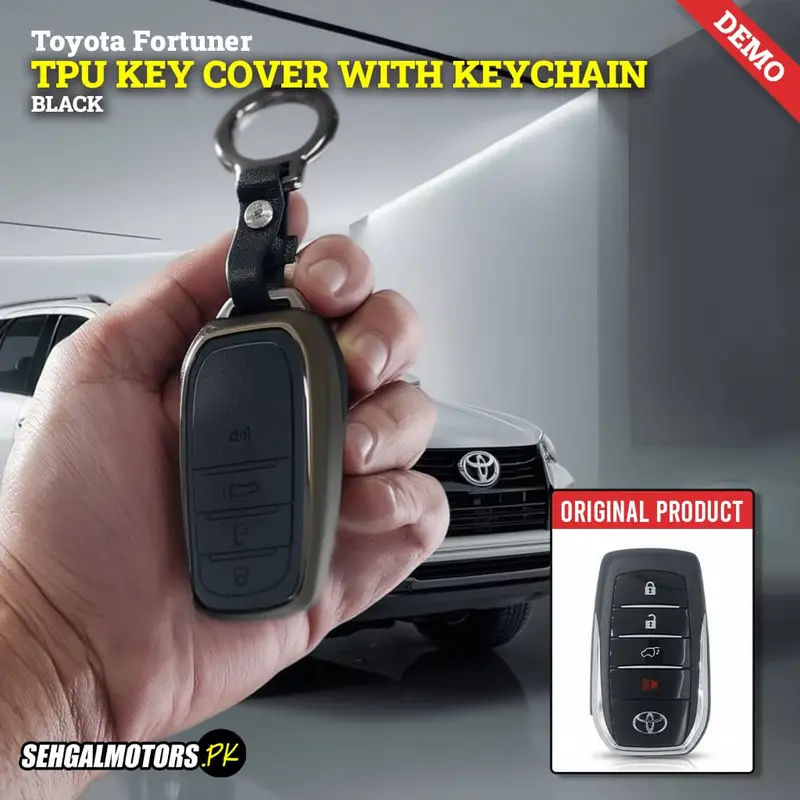 Toyota Fortuner Tpu Key Cover With Keychain Black 2017 - 2024 - - Leather Texture 1
